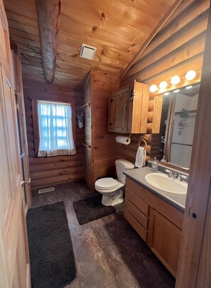 Et lille badeværelse i en træhytte med toilet, håndvask og spejl.