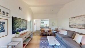 TV connectée, cheminée, lecteur de DVD, livres