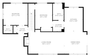 Een plattegrond met twee slaapkamers, een woonkamer, een eetruimte, een keuken, een badkamer, een hal en een toilet.