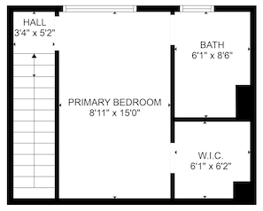 Een plattegrond met een hoofdslaapkamer van 2,44 meter x 4,57 meter, een hal van 1,02 meter x 1,57 meter, een badkamer van 1,85 meter x 2,59 meter, en een gasttoilet van 1,85 meter x 1,88 meter.