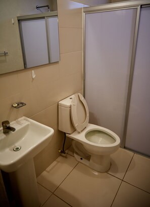Hair dryer, towels, soap, toilet paper