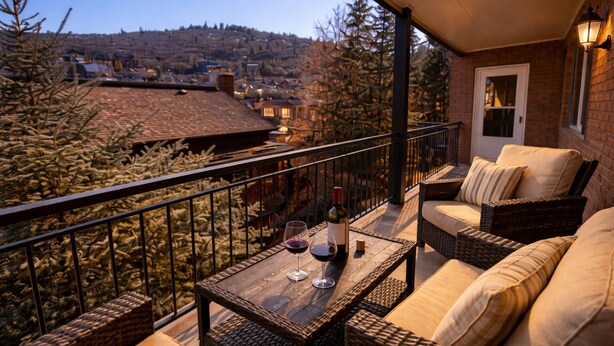 A balcony with wicker furniture, a table with a bottle and glass, and a view of a town and trees. - Main Street | Walk to Shopping | Private Balcony (Park City)