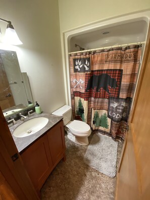 Bathtub, hair dryer, towels, soap