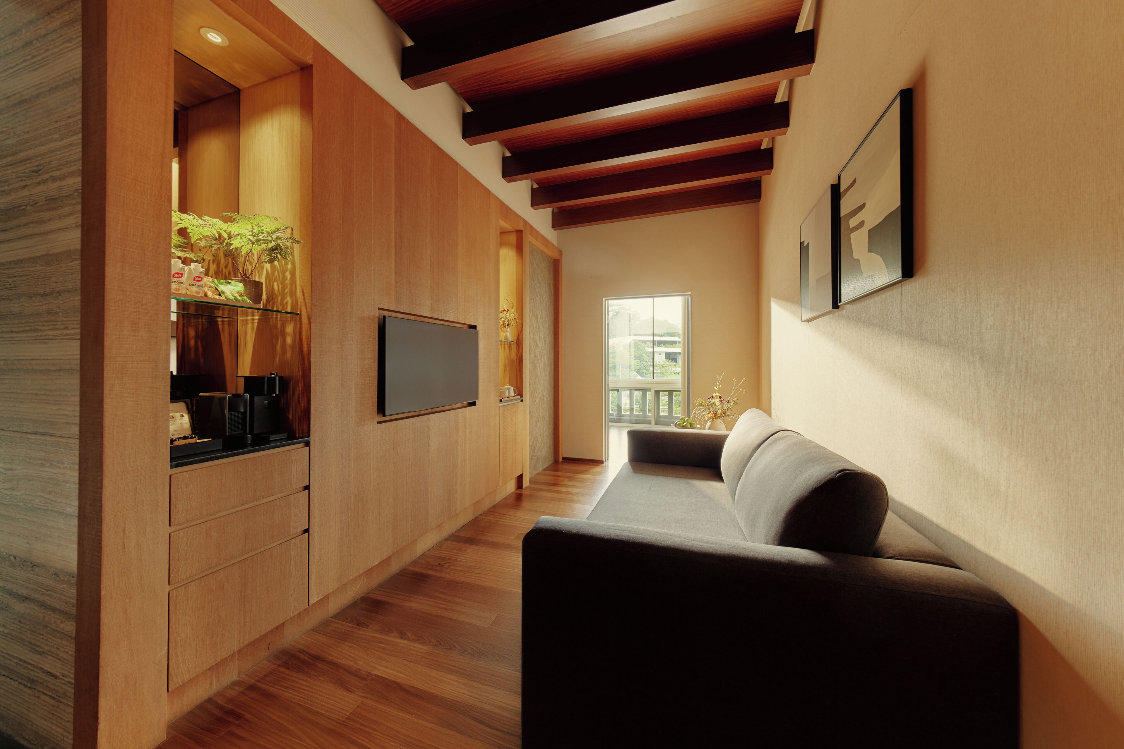 A modern living room with a sofa, a flat-screen TV, wooden cabinetry, and a potted plant.