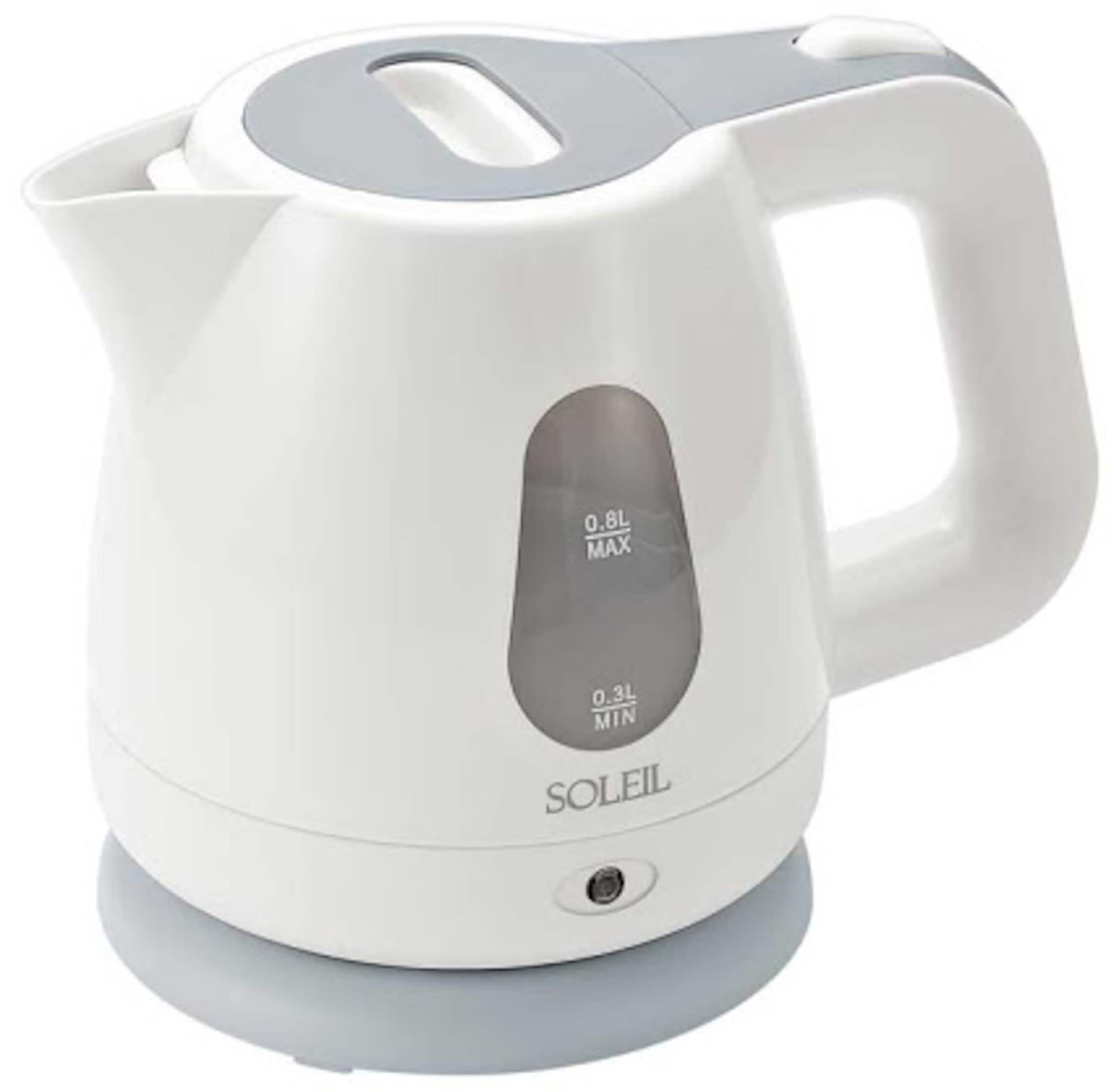 Una tetera eléctrica blanca con asa y pico, que cuenta con una pantalla digital para ajustar la temperatura.