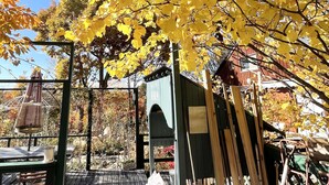 A wooden deck with a table and chairs, surrounded by autumn foliage. - Gallery Hara & Guest House (Hara)
