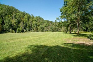 A grassy field with trees in the background. - Horseshoe Hollow, Private Log Cabin on 10 acres (Lake Toxaway)