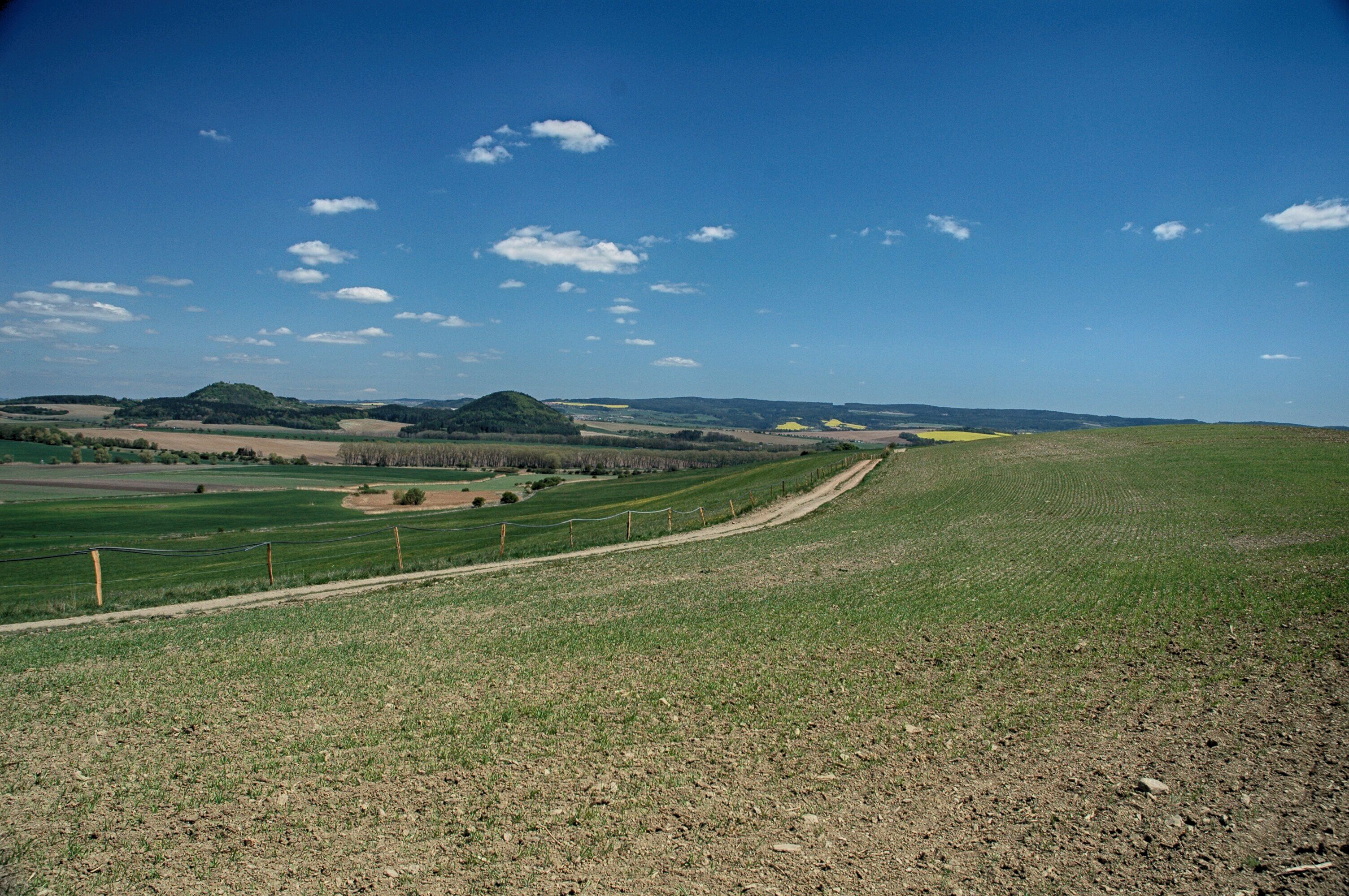 Un paysage rural avec un chemin de terre menant à un champ verdoyant, entouré de vastes champs et d’une colline lointaine.