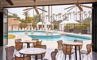 A poolside area with lounge chairs and tables, a pool with a tiled edge, and palm trees in the background.