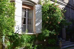 Un edificio con una ventana y una puerta, rodeado de follaje y un árbol con flores rojas.