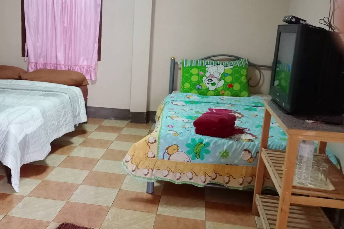 A room with two beds, a television, and a small table.