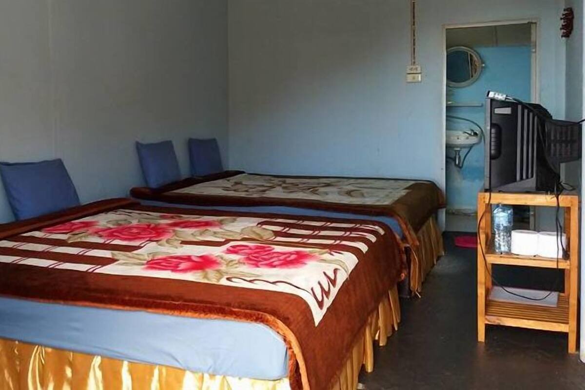 A room with two beds, each with a floral bedspread and blue pillows. There is a wooden shelf with a television and some items on it.