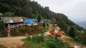 Un pueblo en la ladera con casas rústicas, un camino de tierra y abundante vegetación.