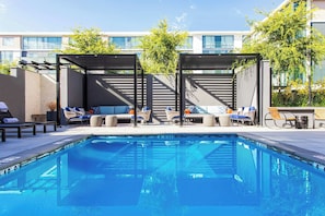 Outdoor pool, pool umbrellas, sun loungers