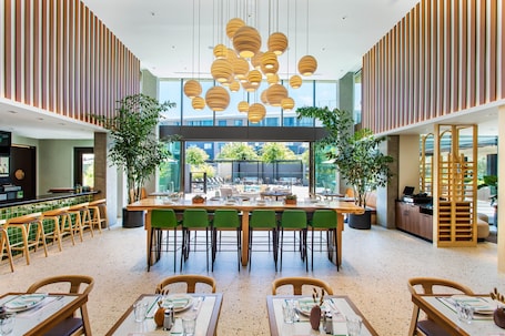 Una piscina al aire libre, sombrillas, sillones reclinables de piscina