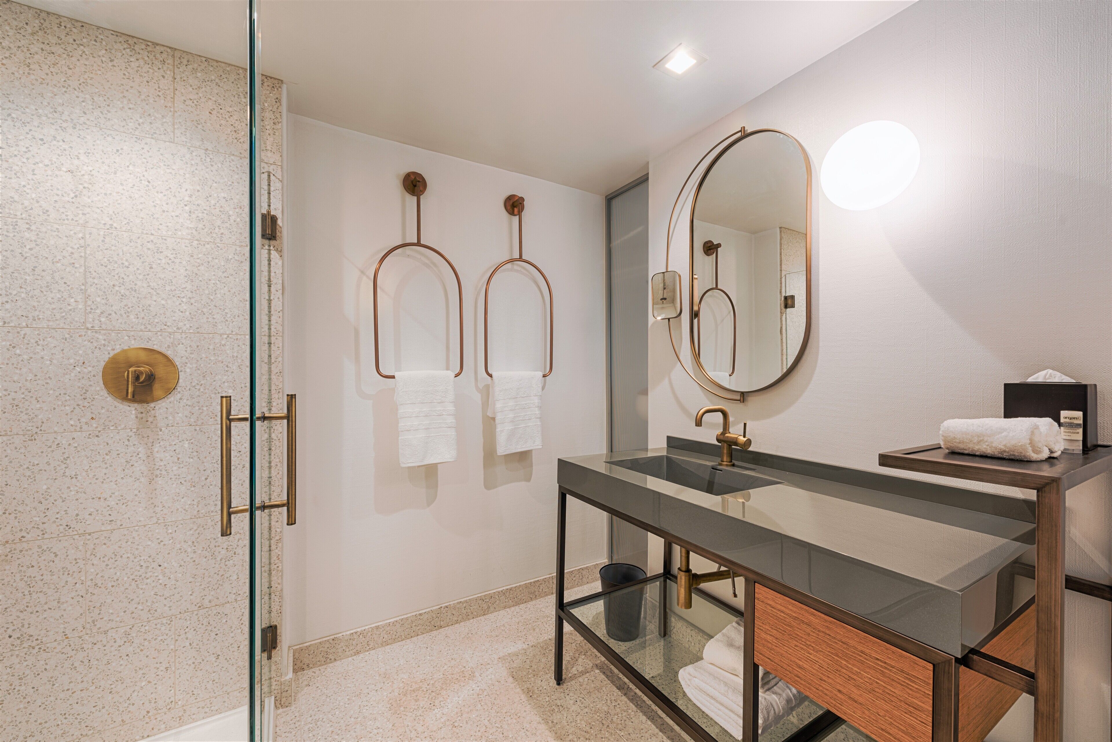 shower, rainfall showerhead, designer toiletries, hair dryer