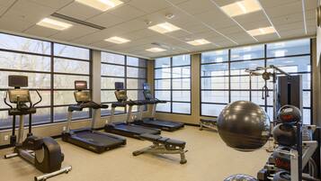 A gym with treadmills, elliptical machines, a stationary bike, and various exercise balls.