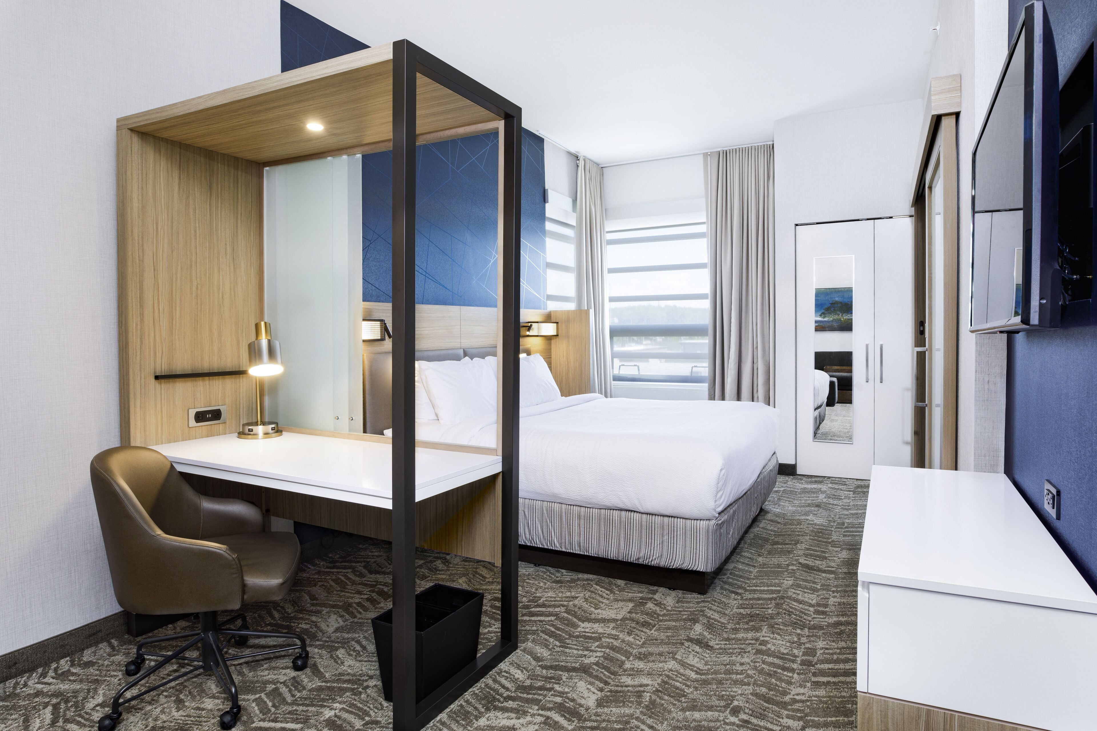 desk, laptop workspace, blackout curtains, iron/ironing board