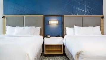 Desk, laptop workspace, blackout curtains, iron/ironing board