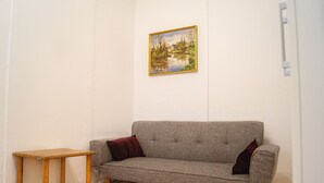 A room with a grey sofa, two dark cushions, a small wooden table, and a framed landscape painting on the wall. - Beautiful 2BR - 12 min from Downtown (Vienna)