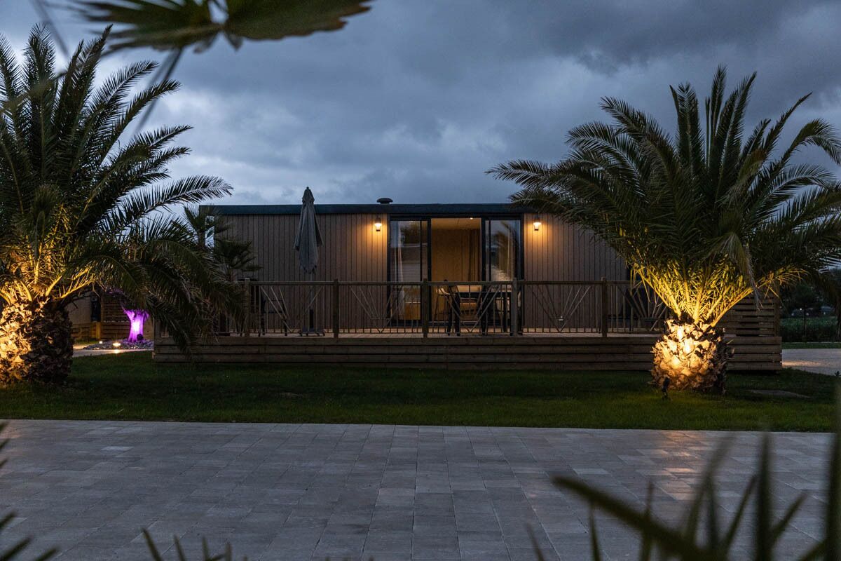 Une maison moderne dotée d’une terrasse en bois, entourée de palmiers et bordée d’un chemin pavé.