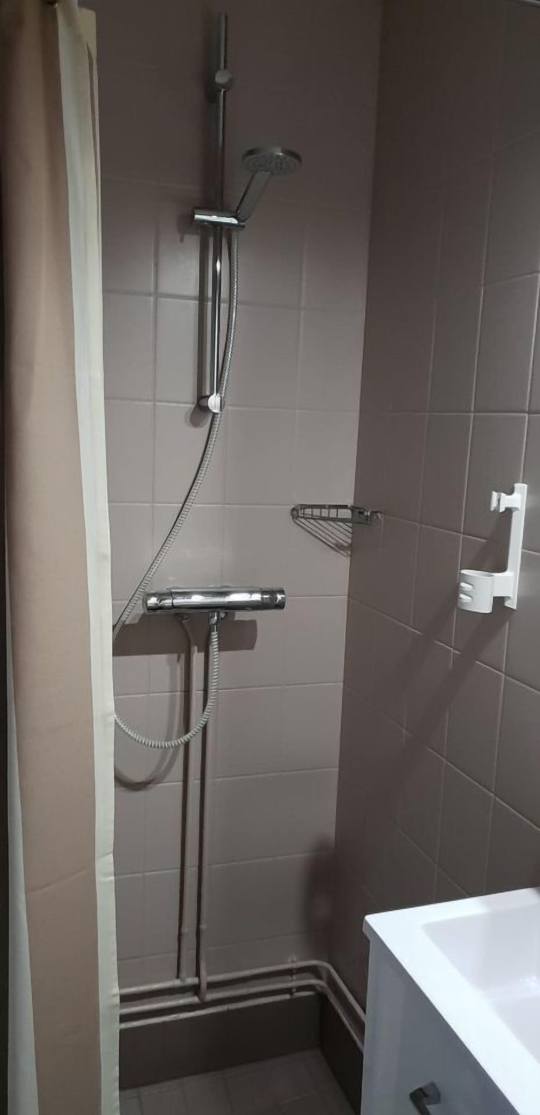 A shower area with a handheld showerhead, a wall-mounted faucet, and a shower tray.