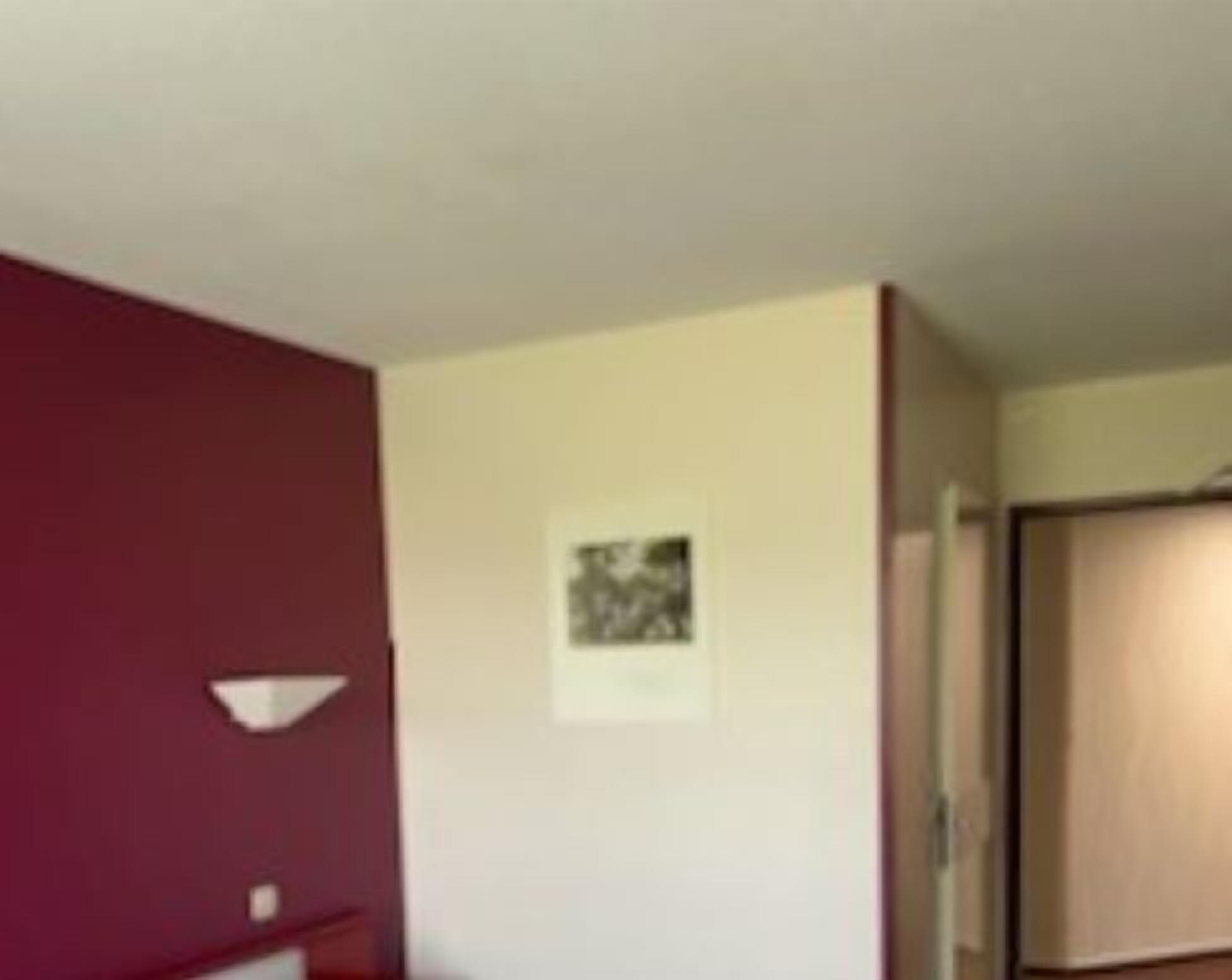 A room with a red accent wall, a white ceiling, and a framed picture on the wall.
