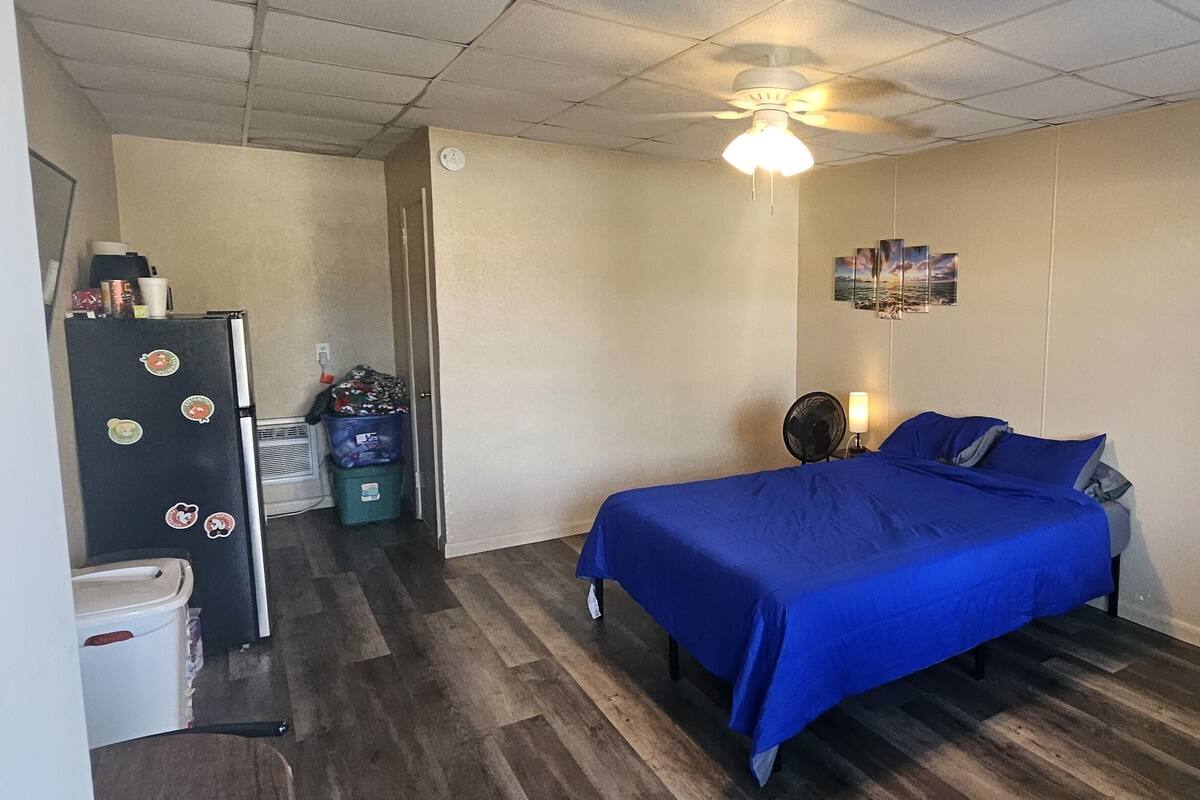 A bedroom with a bed, a ceiling fan, a wall-mounted shelf, and a small kitchenette area.