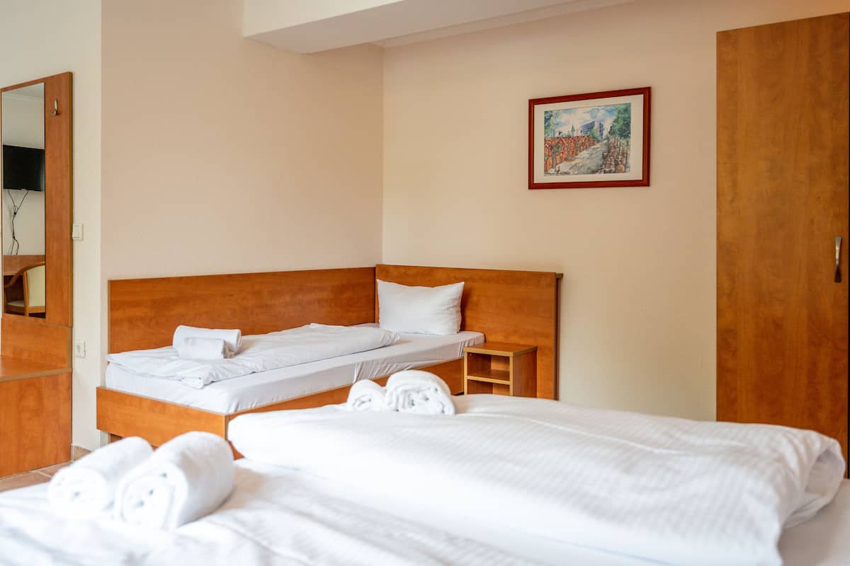 A hotel room with a large bed, a smaller bed, a wooden headboard, a bedside table, a mirror, and a framed picture on the wall.