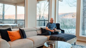 TV, fireplace, books