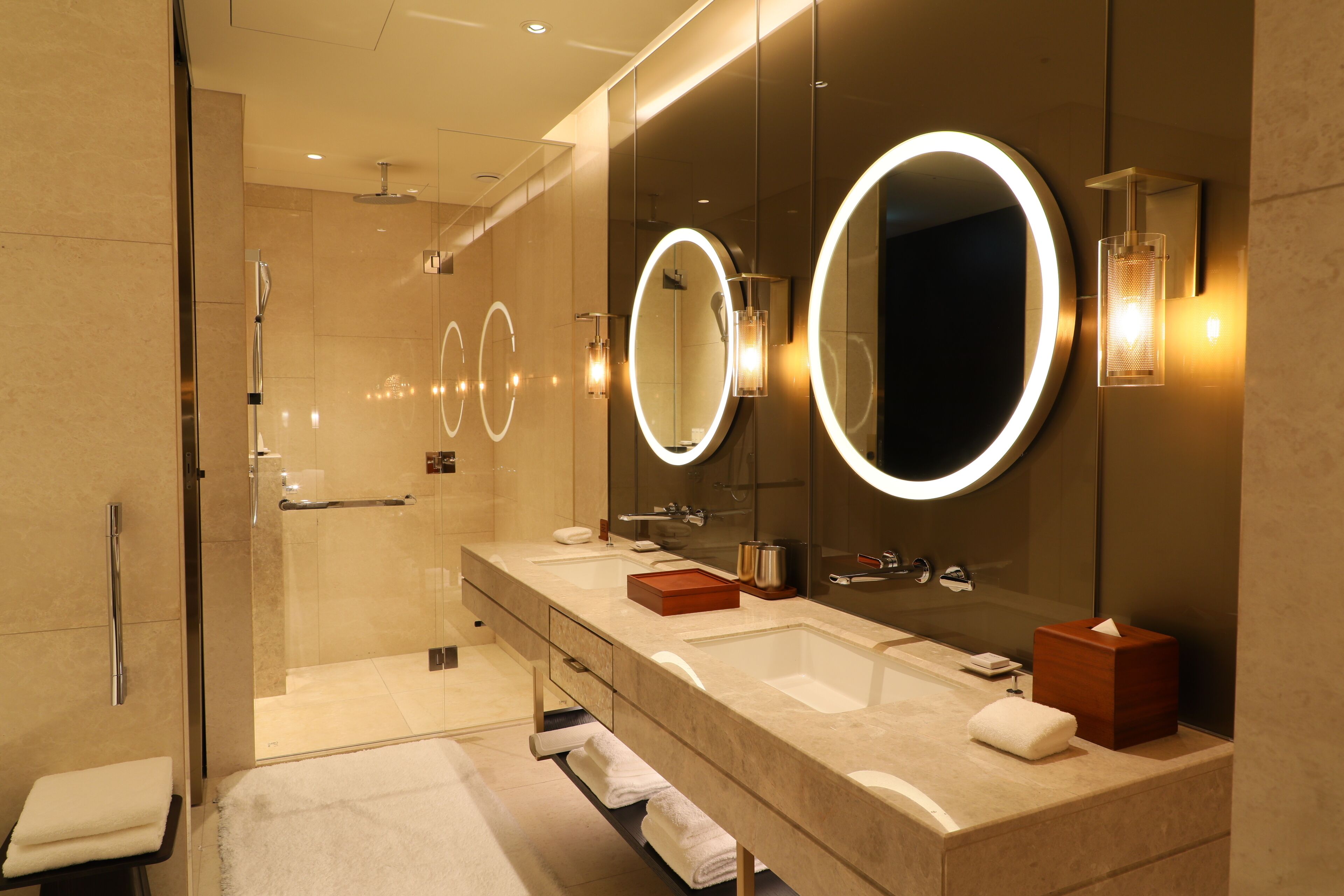 separate bathtub and shower, rainfall showerhead, hair dryer, bathrobes