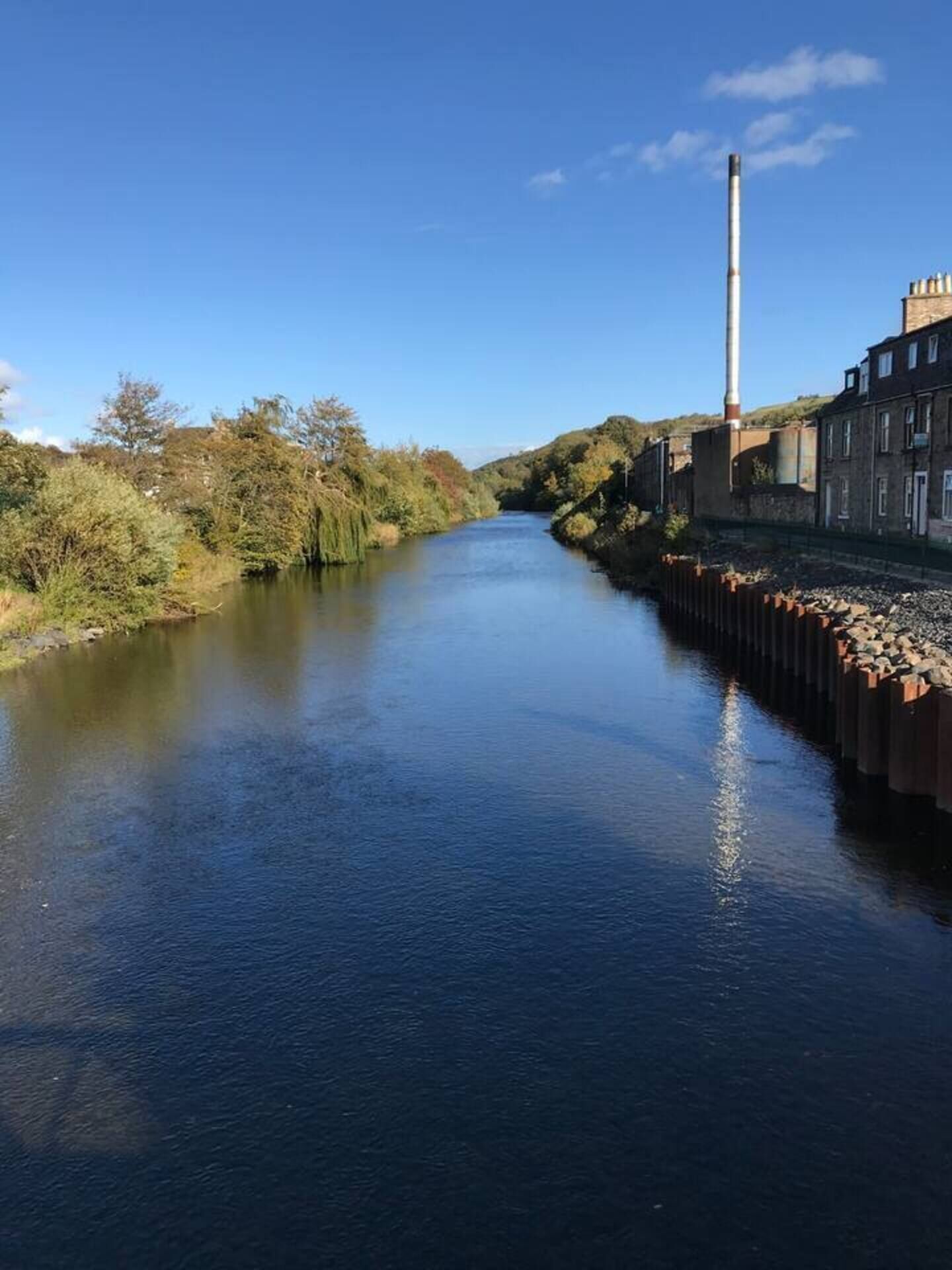 Een rivier met een sluiscomplex, omringd door bomen en industriële gebouwen.