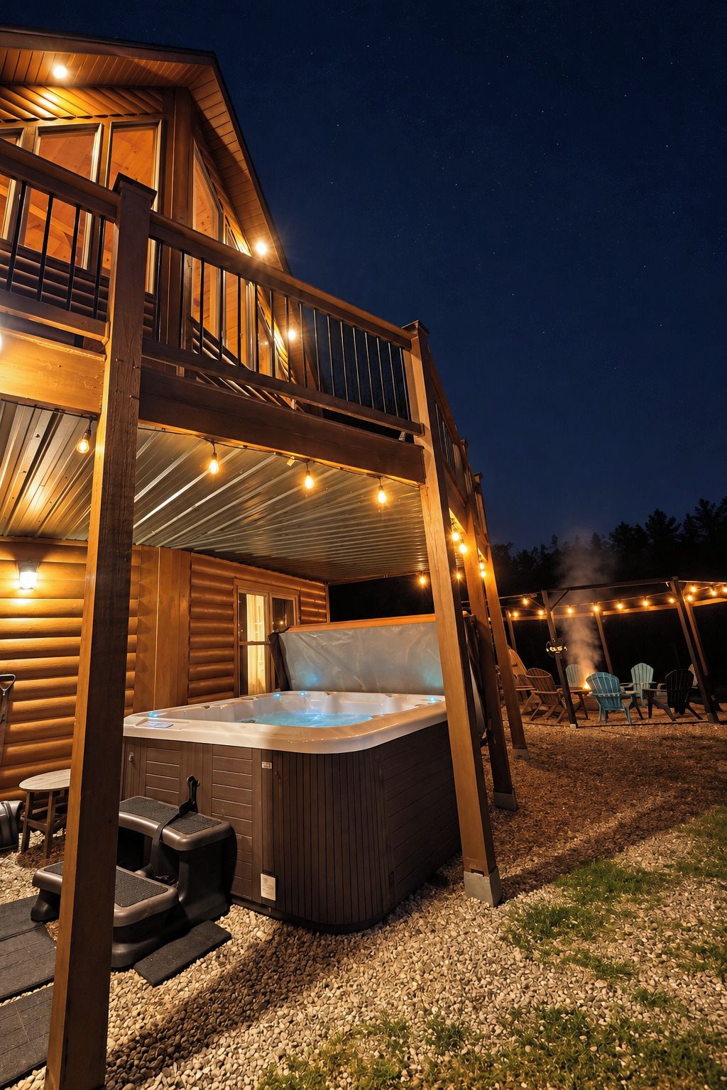 A wooden cabin with a hot tub and deck seating.