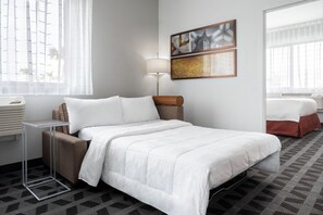 1 bedroom, premium bedding, laptop workspace, iron/ironing board