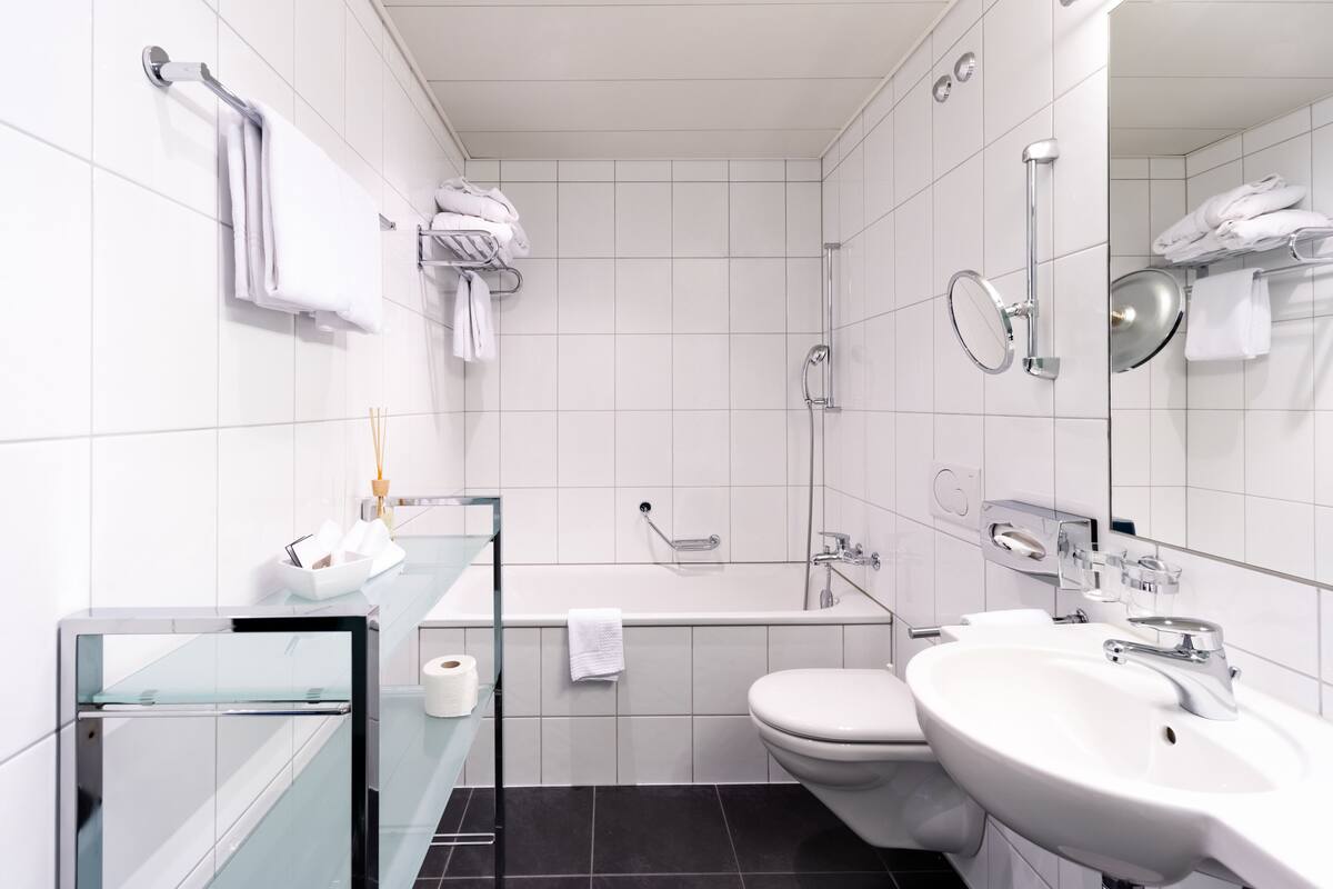 Chambre triple | Salle de bain | Douche, séchoir à cheveux, pantoufles