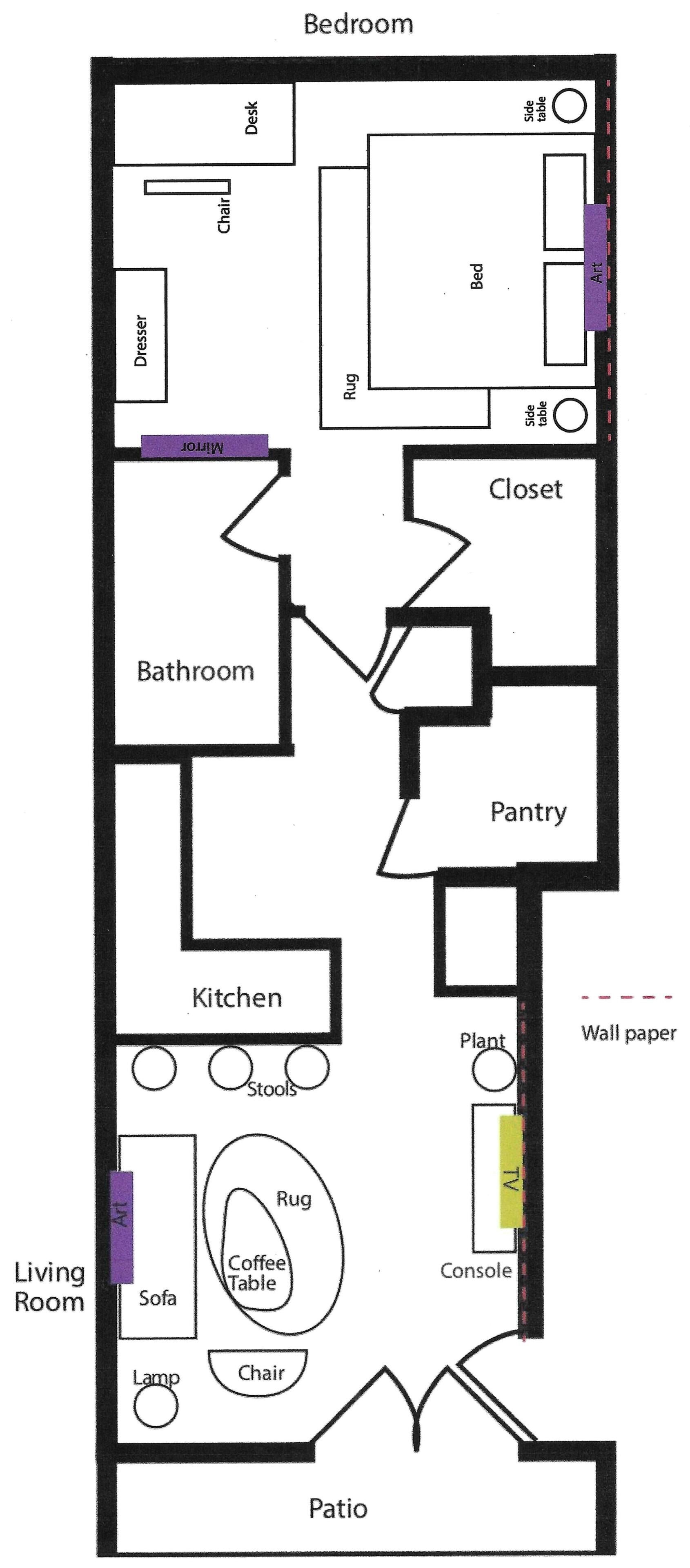 A floor plan with a bedroom, bathroom, kitchen, living room, and patio.