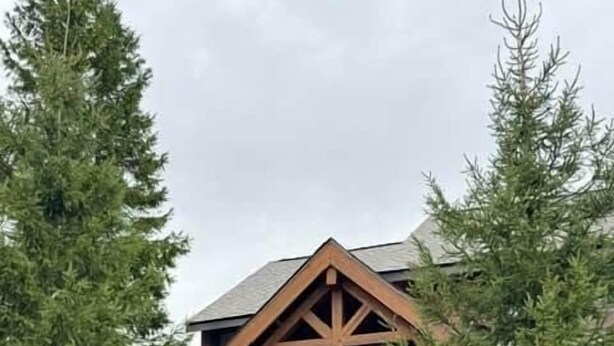 L’entrée d’un chalet, avec un escalier et une rampe en bois, est entourée d’arbres à feuilles persistantes.