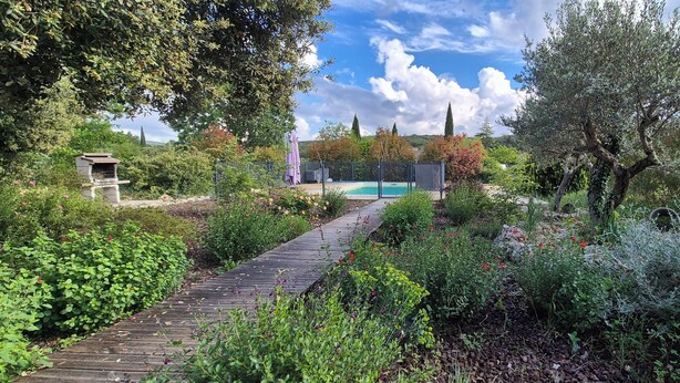 En have med træsti, swimmingpool og diverse beplantning.