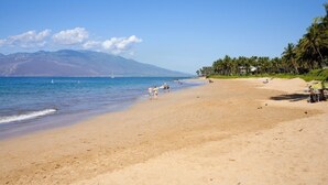 Una playa con cielos despejados, una montaña al fondo y algunas personas caminando por la orilla.