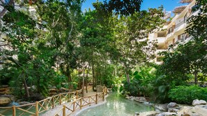A serene indoor garden with a wooden bridge over a pond, surrounded by lush greenery and a building in the background. - Sunday Hotel Naala Tulum (Tulum)