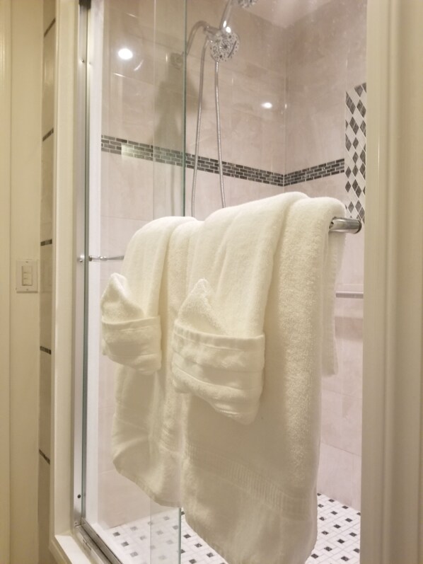 Shower, hair dryer, towels, soap