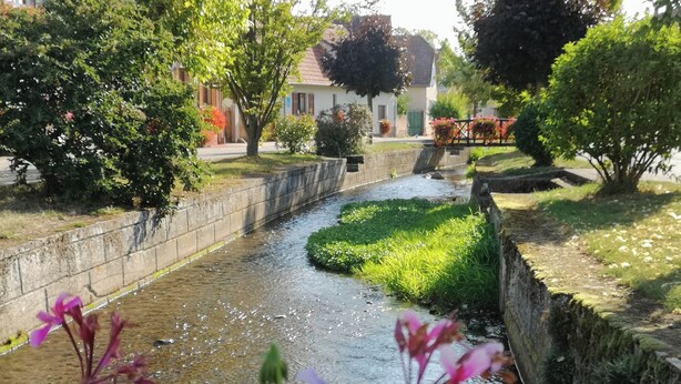 Un estrecho canal de agua con un muro de piedra a un lado y una zona cubierta de césped al otro. Se ven árboles y un edificio al fondo.