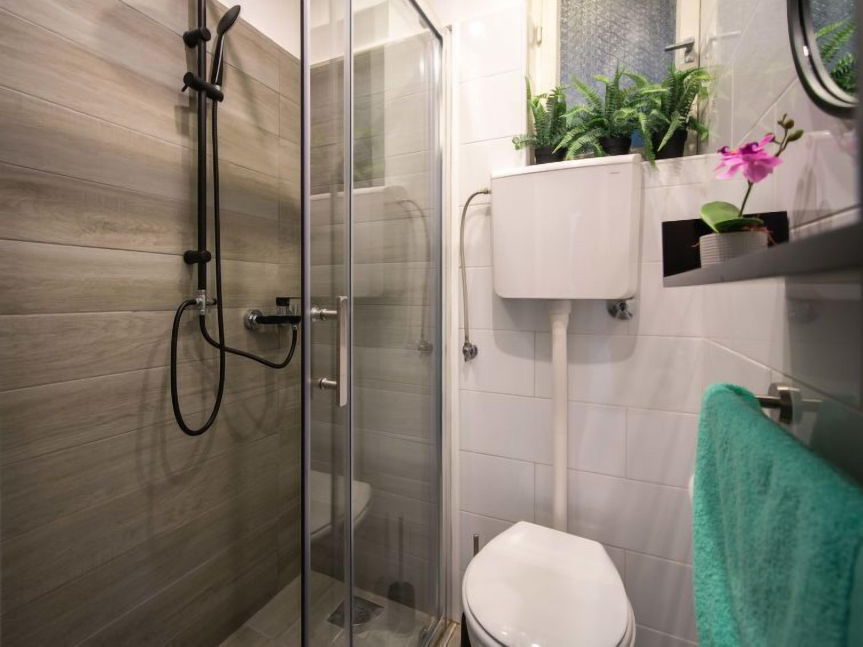 A modern bathroom with a glass shower enclosure, a toilet, and a sink.