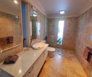 A modern bathroom with a large mirror, a white sink, and a toilet. - Settlers Cottage - Snellings Beach - Kangaroo Island (Middle River)