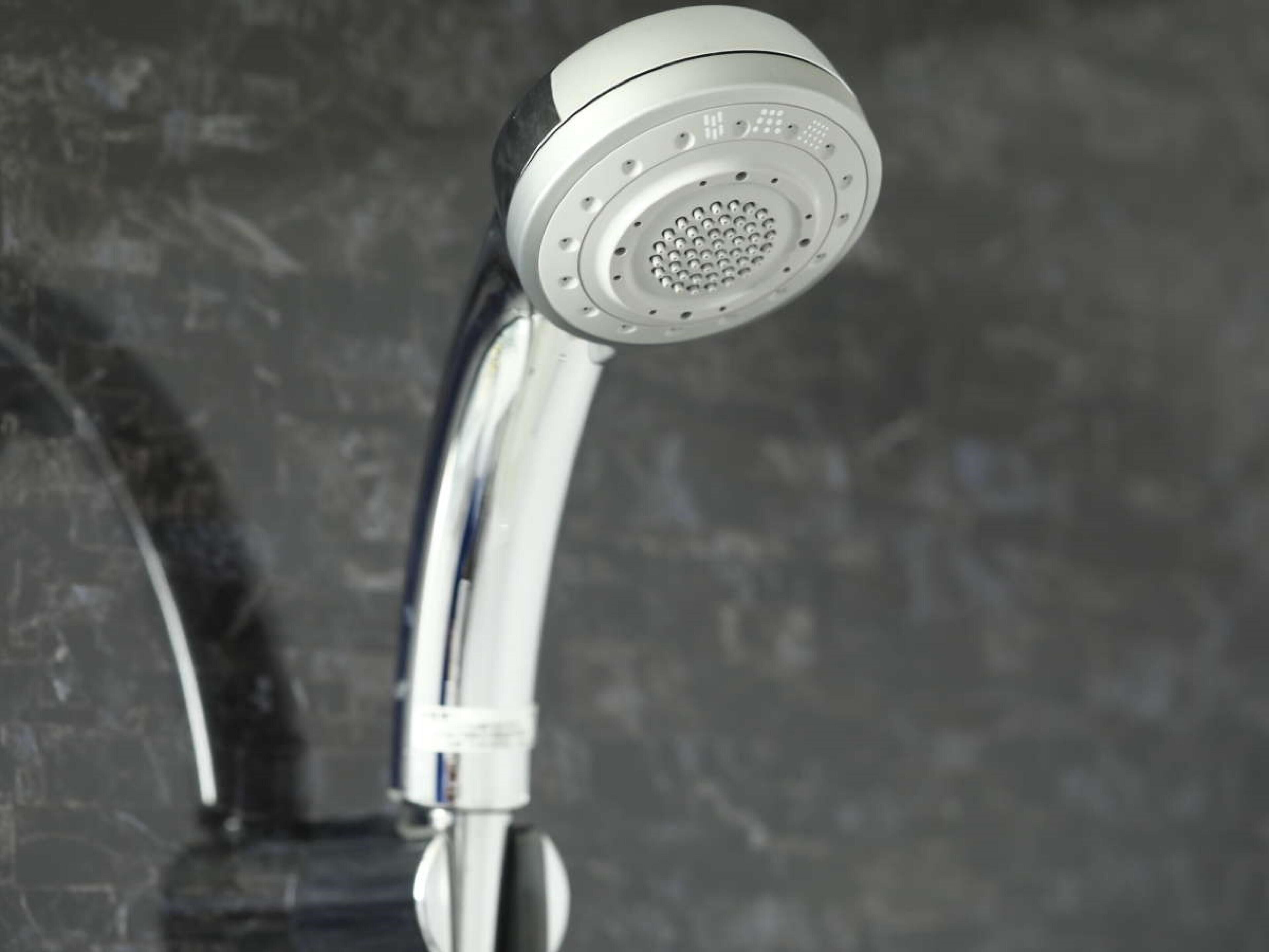 A chrome showerhead with a circular design and multiple holes.