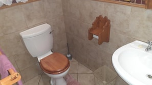 A bathroom with a toilet, a wooden seat, a wall-mounted toilet brush holder, and a sink. - Cosy Double Bedroom in Guesthouse (Rustenburg)