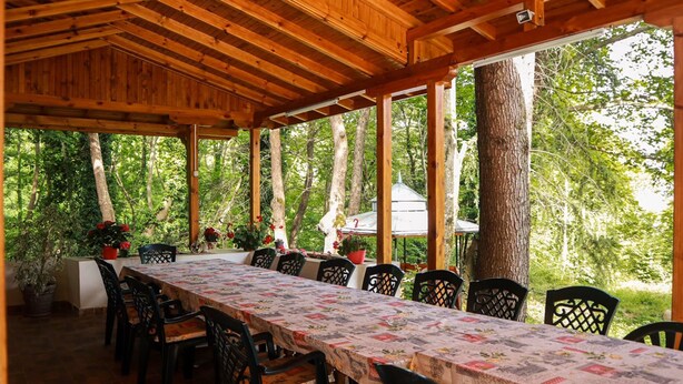 Un espacio comedor al aire libre cubierto, con una mesa larga y sillas, rodeado de árboles.