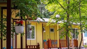A yellow building with a wooden balcony, a small tree, and hanging planters. - Bungalow in a Lovely Village Kamena (Petrich)