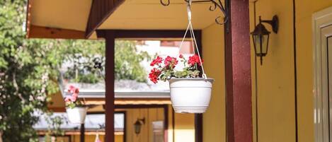 A covered porch with hanging flower pots and a butterfly-shaped metal fixture.