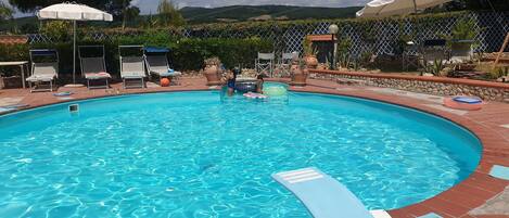 A swimming pool with lounge chairs and umbrellas, surrounded by a landscaped garden and a fence.